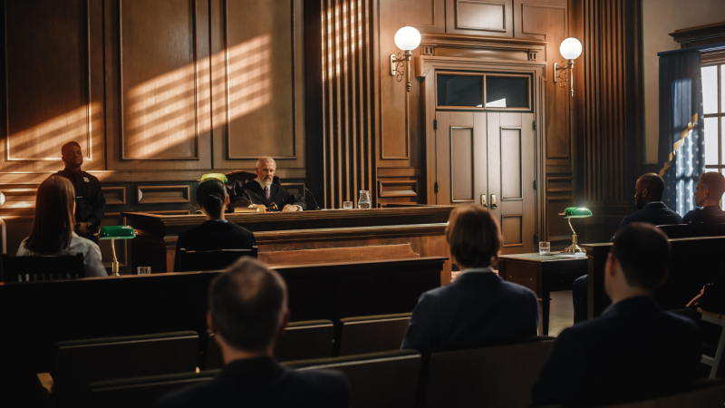 Interno di un'aula di tribunale durante un'udienza, con giudice, avvocati e pubblico in primo piano. Scena che evidenzia il contesto professionale del diritto penale, settore di competenza dell'avvocato Marco Cecchi, impegnato nella difesa dei diritti dei suoi clienti